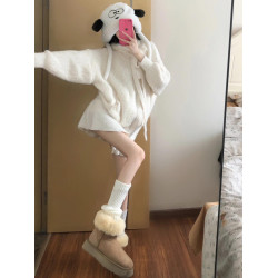 米白色馬海毛連帽拉鍊毛衣外套女秋冬季韓系寬松長袖針織開衫上衣