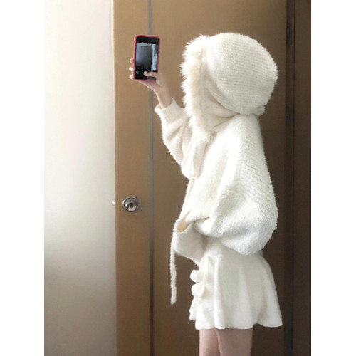 米白色馬海毛連帽拉鍊毛衣外套女秋冬季韓系寬松長袖針織開衫上衣