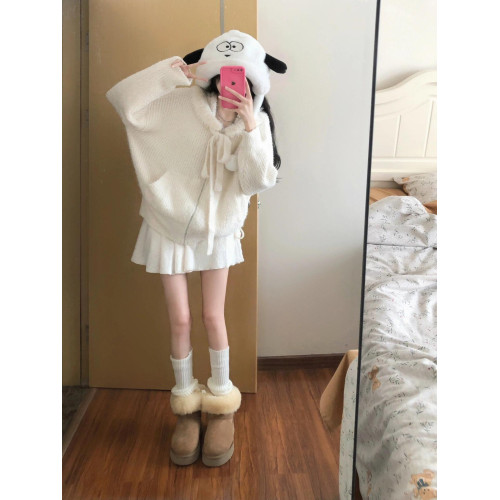 米白色馬海毛連帽拉鍊毛衣外套女秋冬季韓系寬松長袖針織開衫上衣