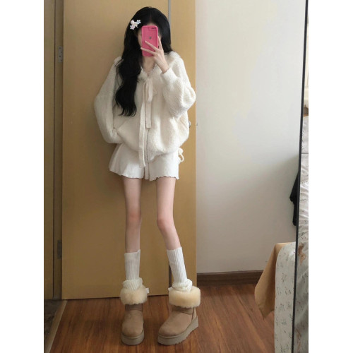 米白色馬海毛連帽拉鍊毛衣外套女秋冬季韓系寬松長袖針織開衫上衣