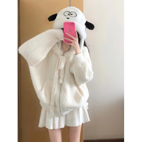 米白色馬海毛連帽拉鍊毛衣外套女秋冬季韓系寬松長袖針織開衫上衣