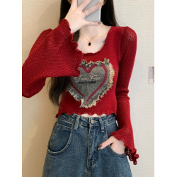 安哥拉紅V領針織打底衫女秋冬露膚穿搭短款喇叭長袖大郎毛衣上衣