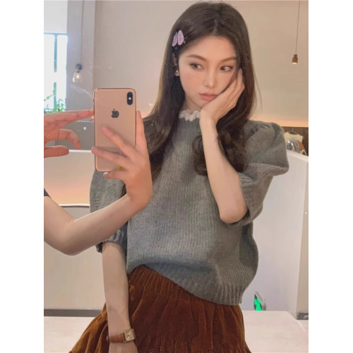 蕾絲邊半高領針織衫女設計感小衆春秋泡泡袖純欲上衣內搭短袖毛衣