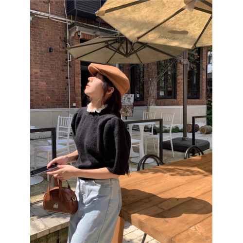 蕾絲邊半高領針織衫女設計感小衆春秋泡泡袖純欲上衣內搭短袖毛衣