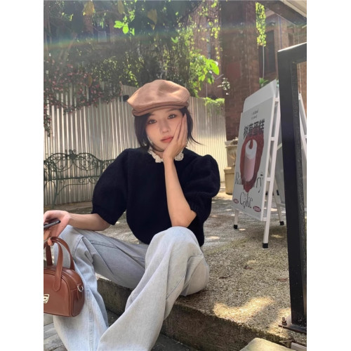 蕾絲邊半高領針織衫女設計感小衆春秋泡泡袖純欲上衣內搭短袖毛衣