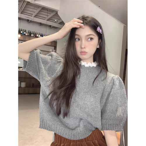 蕾絲邊半高領針織衫女設計感小衆春秋泡泡袖純欲上衣內搭短袖毛衣