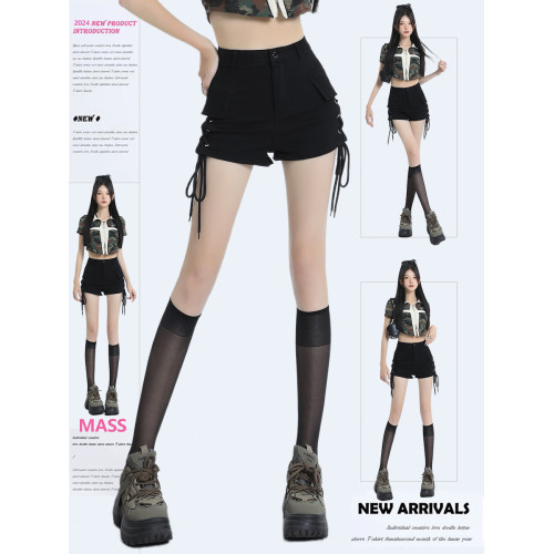 MASS黑色短褲女春夏2025新款辣妹修身顯瘦美式設計感綁帶牛仔熱褲 MASS黑色短褲女春夏2025新款辣妹修身顯瘦美式設計感綁帶牛仔熱褲