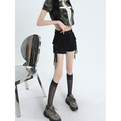 MASS黑色短褲女春夏2025新款辣妹修身顯瘦美式設計感綁帶牛仔熱褲 MASS黑色短褲女春夏2025新款辣妹修身顯瘦美式設計感綁帶牛仔熱褲