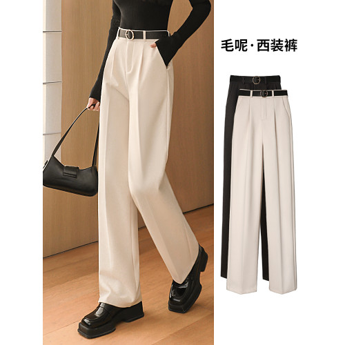 毛呢西裝濶腿褲女春秋冬季高級感垂感窄版直筒拖地休閒米白色長褲