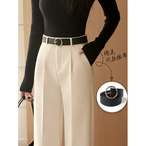 毛呢西裝濶腿褲女春秋冬季高級感垂感窄版直筒拖地休閒米白色長褲