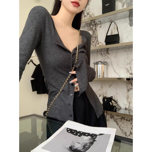 秋冬新款辣妹V領收腰針織開衫女修身內搭打底衫小衆別致長袖上衣