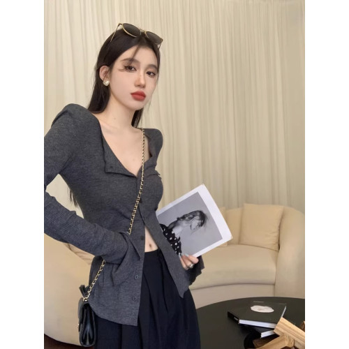 秋冬新款辣妹V領收腰針織開衫女修身內搭打底衫小衆別致長袖上衣