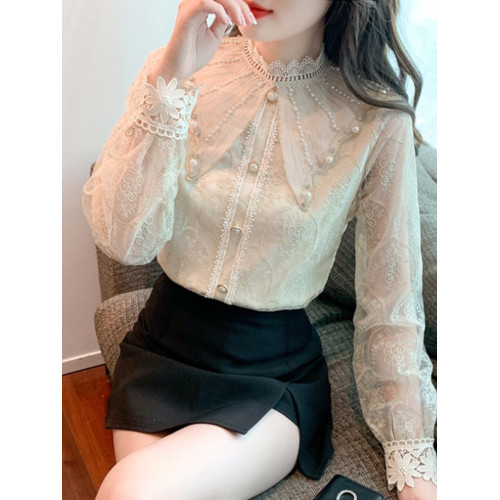 歐貨蕾絲襯衫女士春裝2025年新款洋氣小衫設計感小衆長袖雪紡上衣