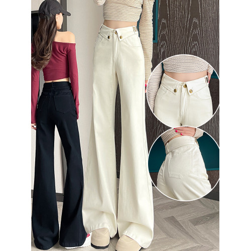 米白色牛仔濶腿褲女超高腰遮胯2025冬季加絨寬松大褲腳微喇拖地褲