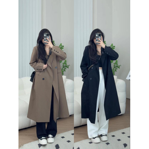 高級感休閒微胖mm英倫復古寬松大碼中長款西裝過膝風衣外套女早秋