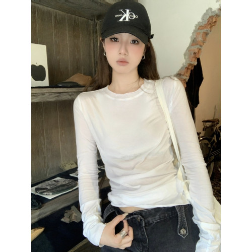 別致微透卷邊圓領白色防曬t恤女長袖秋冬新款韓版修身外罩衫薄款
