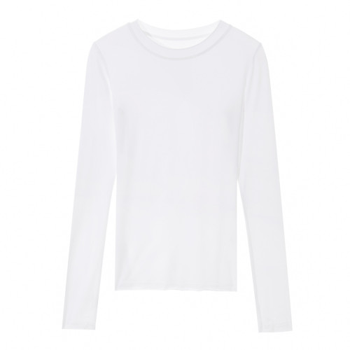 別致微透卷邊圓領白色防曬t恤女長袖秋冬新款韓版修身外罩衫薄款