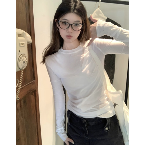 別致微透卷邊圓領白色防曬t恤女長袖秋冬新款韓版修身外罩衫薄款