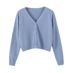 矮小個子春秋季長袖針織衫女純色外套短款開衫V領毛衣外搭上衣