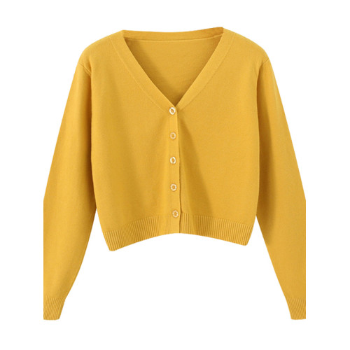 矮小個子春秋季長袖針織衫女純色外套短款開衫V領毛衣外搭上衣