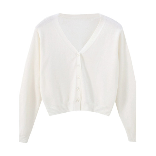 矮小個子春秋季長袖針織衫女純色外套短款開衫V領毛衣外搭上衣