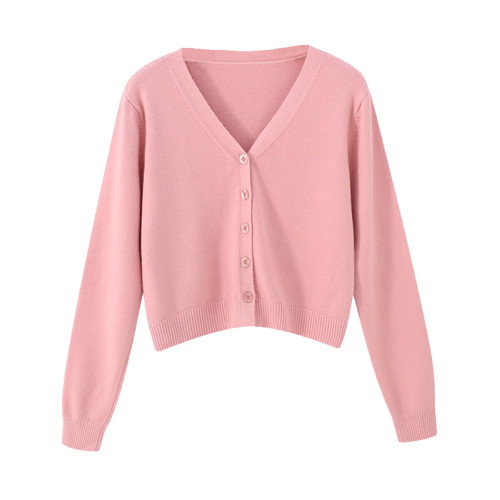 矮小個子春秋季長袖針織衫女純色外套短款開衫V領毛衣外搭上衣