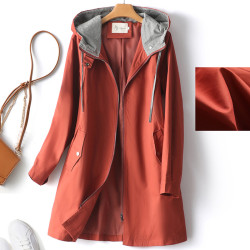 出口西班牙尾單折釦2023秋季連帽拉鍊撞色風衣中長款派克休閒外套