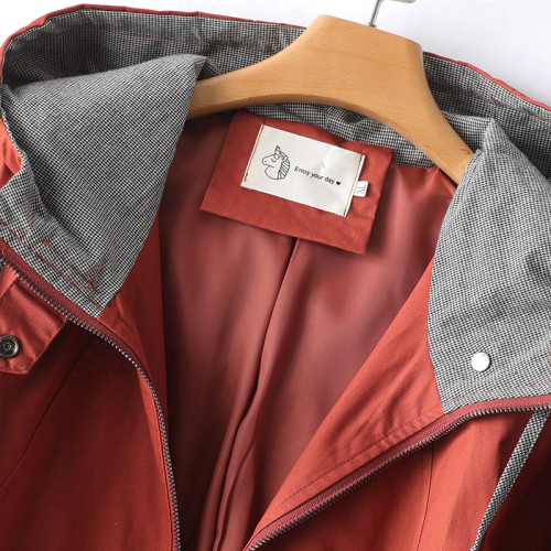 出口西班牙尾單折釦2023秋季連帽拉鍊撞色風衣中長款派克休閒外套 出口西班牙尾單折釦2023秋季連帽拉鍊撞色風衣中長款派克休閒外套