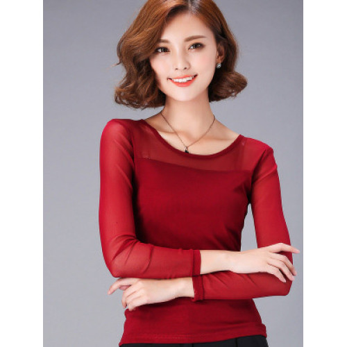 2025春秋新款蕾絲衫百搭純色長袖彈性上衣大碼女裝透氣網紗打底衫