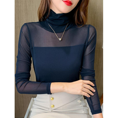 2025春秋新款蕾絲衫百搭純色長袖彈性上衣大碼女裝透氣網紗打底衫