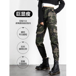 迷彩工裝褲女春秋新款軍旅戶外高腰顯瘦寬松情侶休閒運動束腳褲子