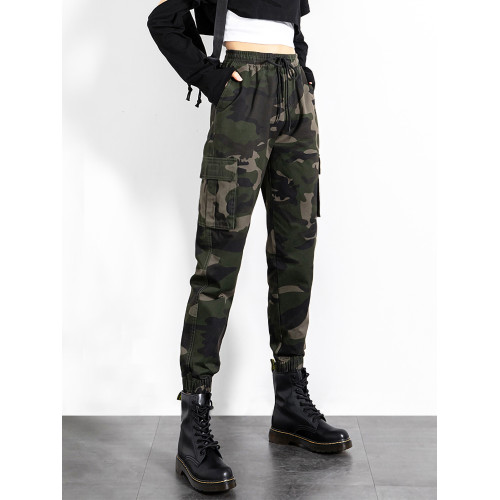 迷彩工裝褲女春秋新款軍旅戶外高腰顯瘦寬松情侶休閒運動束腳褲子