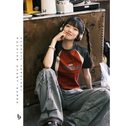 美式甜酷辣妹撞色拼接插肩袖純棉t恤女修身短款字母爵士小上衣夏