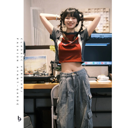 美式甜酷辣妹撞色拼接插肩袖純棉t恤女修身短款字母爵士小上衣夏