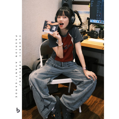 美式甜酷辣妹撞色拼接插肩袖純棉t恤女修身短款字母爵士小上衣夏