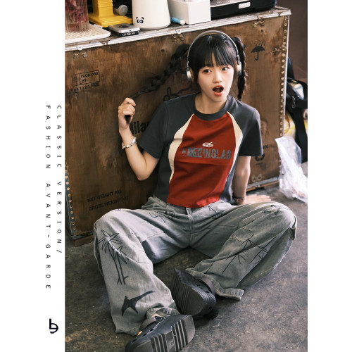 美式甜酷辣妹撞色拼接插肩袖純棉t恤女修身短款字母爵士小上衣夏