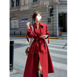 紅色風衣外套女中長款2025春秋新款韓系英倫風垂感小個子氣質大衣