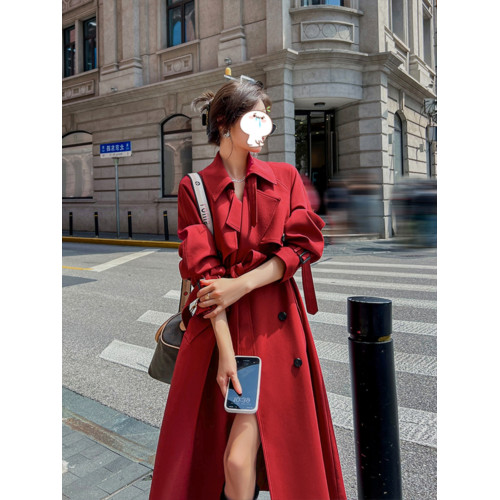 紅色風衣外套女中長款2025春秋新款韓系英倫風垂感小個子氣質大衣