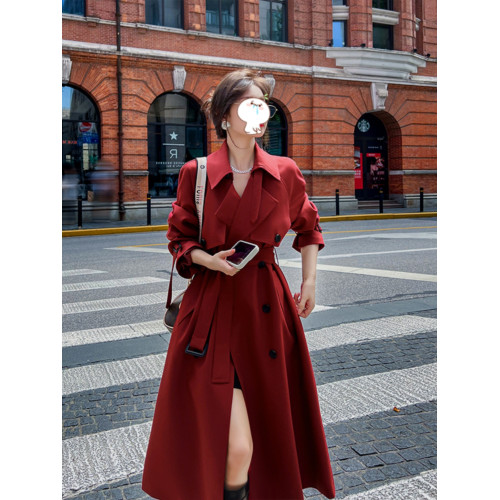 紅色風衣外套女中長款2025春秋新款韓系英倫風垂感小個子氣質大衣