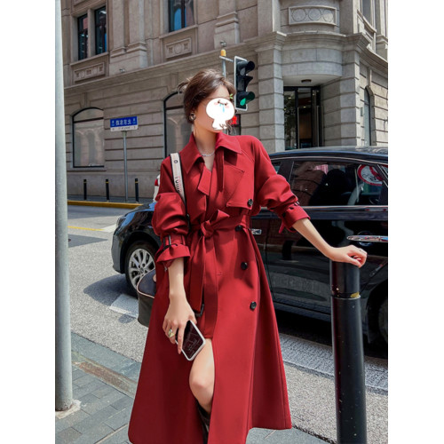 紅色風衣外套女中長款2025春秋新款韓系英倫風垂感小個子氣質大衣