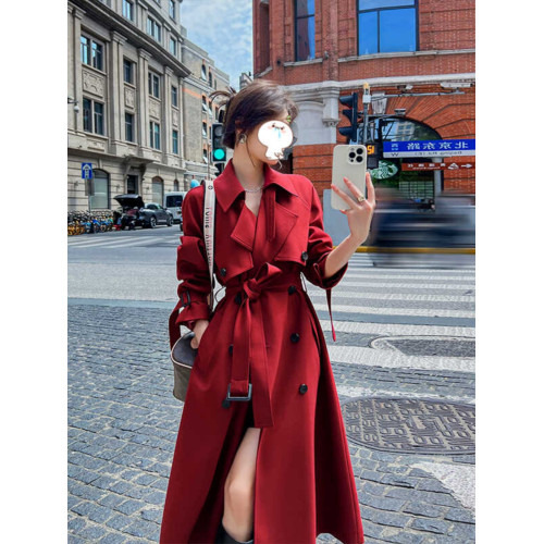 紅色風衣外套女中長款2025春秋新款韓系英倫風垂感小個子氣質大衣