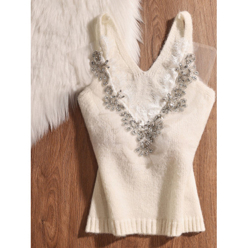 法式純欲釘鑽v領吊帶背心女夏2025西裝內搭蕾絲針織無袖辣妹上衣