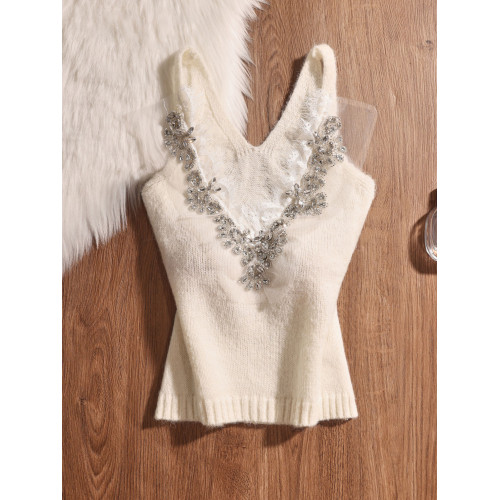 法式純欲釘鑽v領吊帶背心女夏2025西裝內搭蕾絲針織無袖辣妹上衣