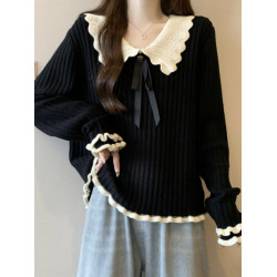 大碼設計感撞色娃娃領針織衫長袖女秋冬胖MM寬松顯瘦內搭打底上衣