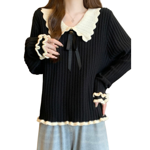 大碼設計感撞色娃娃領針織衫長袖女秋冬胖MM寬松顯瘦內搭打底上衣