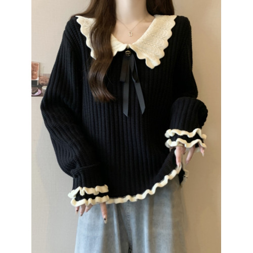 大碼設計感撞色娃娃領針織衫長袖女秋冬胖MM寬松顯瘦內搭打底上衣