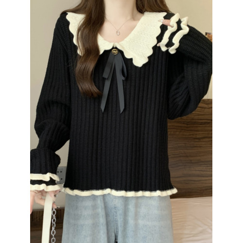 大碼設計感撞色娃娃領針織衫長袖女秋冬胖MM寬松顯瘦內搭打底上衣