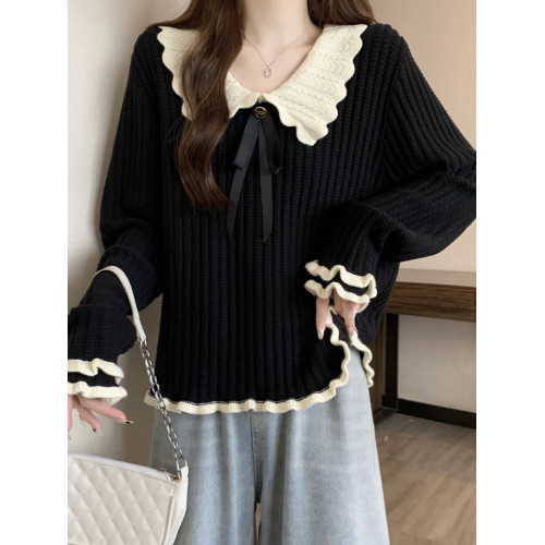 大碼設計感撞色娃娃領針織衫長袖女秋冬胖MM寬松顯瘦內搭打底上衣