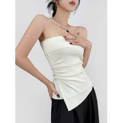 DOUBLE Z 一字肩針織抹胸女秋高級感不規則褶皺收腰上衣外穿打底