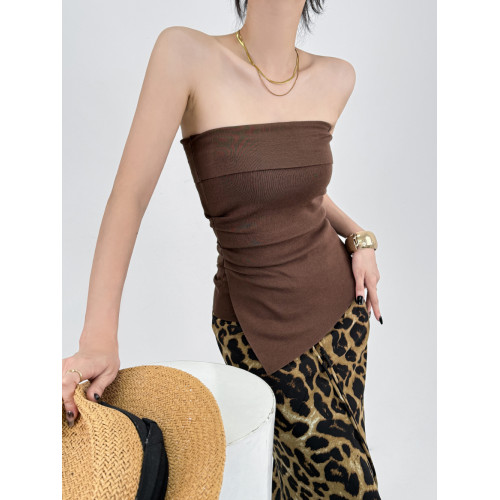 DOUBLE Z 一字肩針織抹胸女秋高級感不規則褶皺收腰上衣外穿打底